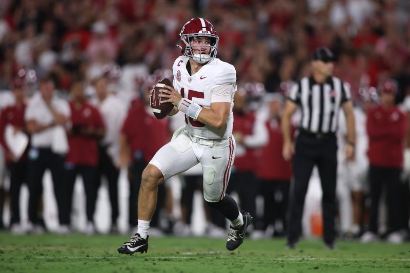 Sep 27, 2025; Athens, Georgia, USA; Alabama Crimson Tide quarterback Ty Simpson (15) looks to pass against the Georgia Bulldogs in the first half at Sanford Stadium. Mandatory Credit: Brett Davis-Imagn Images