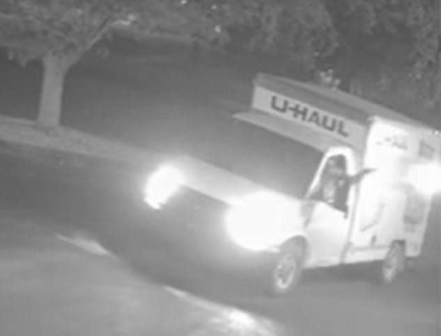 A driver can be seen in surveillance camera footage tossing a Molotov cocktail from the driver's seat of a U-Haul truck in an arson attack at Evoke Off-Road, 14370 Valley Center Drive in Victorville, on Wednesday, Oct. 2, 2024.