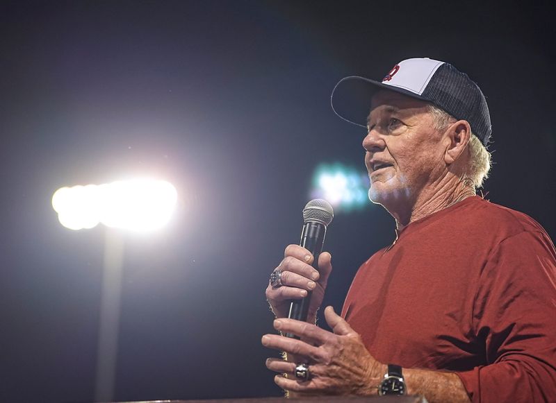 Former La Quinta football head coach Dan Armstrong shares his love for football and for his athletes during a ceremony to name the field after him during halftime in La Quinta, Calif., Friday, Oct. 10, 2025.