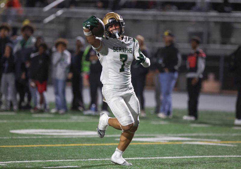 St. Bonaventure's Devin Granillo scores a touchdown after intercepting a Pacifica pass during the third quarter of a Marmonte League game on Friday, Oct. 10, 2025 at Pacifica High. Pacifica won 24-23 to stay unbeaten at 7-0.
