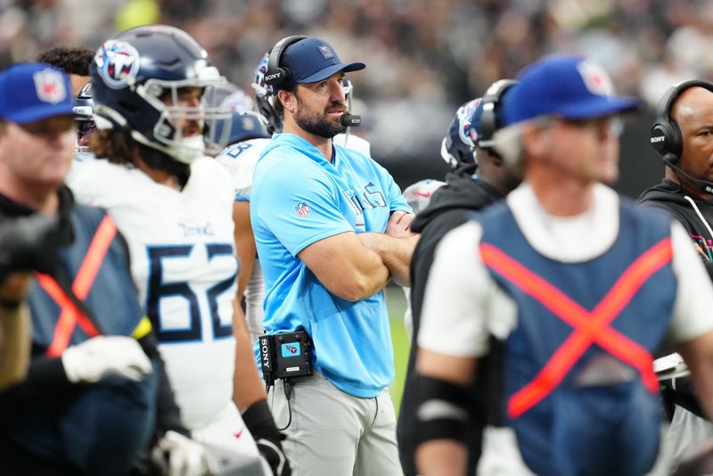 Oct 12, 2025; Paradise, Nevada, USA; Tennessee Titans head coach Brian Callahan looks on during the second half against the Las Vegas Raiders at Allegiant Stadium. Mandatory Credit: Stephen R. Sylvanie-Imagn Images