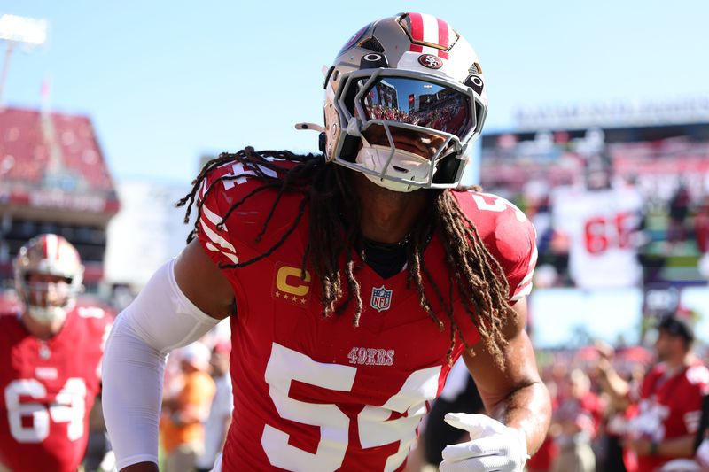 Oct 12, 2025; Tampa, Florida, USA; San Francisco 49ers middle linebacker Fred Warner (54) warms up before a game against the Tampa Bay Buccaneers at Raymond James Stadium. Mandatory Credit: Nathan Ray Seebeck-Imagn Images