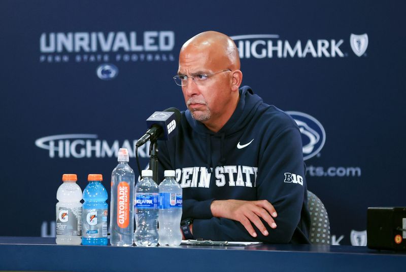 Oct 11, 2025; University Park, Pennsylvania, USA; Penn State Nittany Lions head coach James Franklin answers questions from the media following the game against the Northwestern Wildcats at Beaver Stadium. Mandatory Credit: Matthew O'Haren-Imagn Images