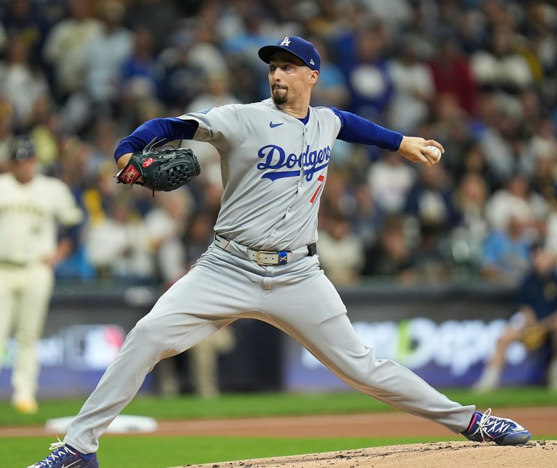 Los Angeles Dodgers starting pitcher Blake Snell (7) pitches during the first inning of the of their National League Championship Series game against the Milwaukee Brewers October 13, 2025 at American Family Field in Milwaukee, Wisconsin.