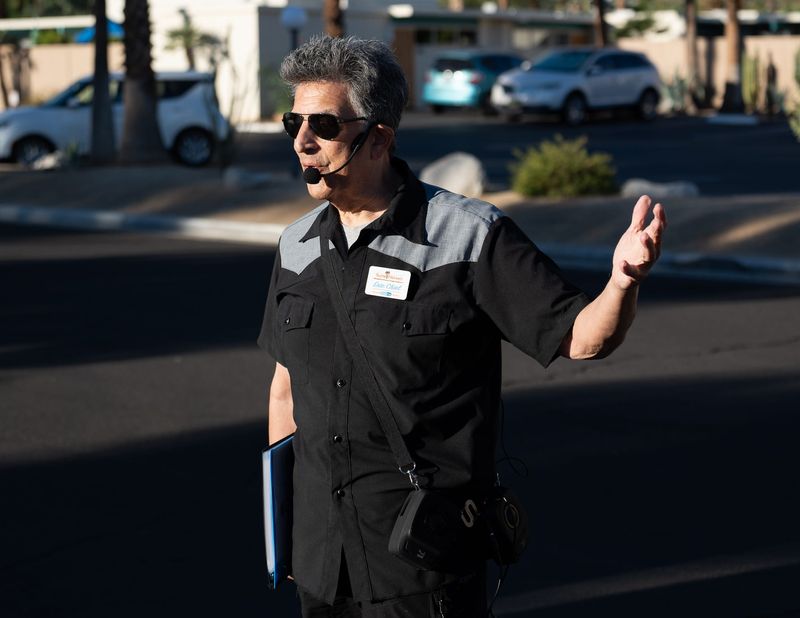 Eric Chiel, a 16-year Twin Palms resident and founding past-Chairperson of the Twin Palms Neighborhood Organization, leads the "Twin Palms Guided Walking Tour" during Modernism Week - October in Palm Springs, Calif., on October 16, 2025.
