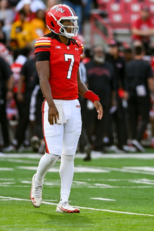 Oct 11, 2025; College Park, Maryland, USA; Maryland Terrapins quarterback Malik Washington (7) takes the field during the game against the Nebraska Cornhuskers at SECU Stadium. Mandatory Credit: Tommy Gilligan-Imagn Images