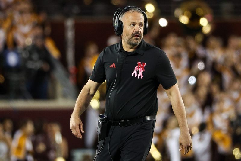 Oct 17, 2025; Minneapolis, Minnesota, USA; Nebraska Cornhuskers head coach Matt Rhule looks on during the second half against the Minnesota Golden Gophers at Huntington Bank Stadium. Mandatory Credit: Matt Krohn-Imagn Images