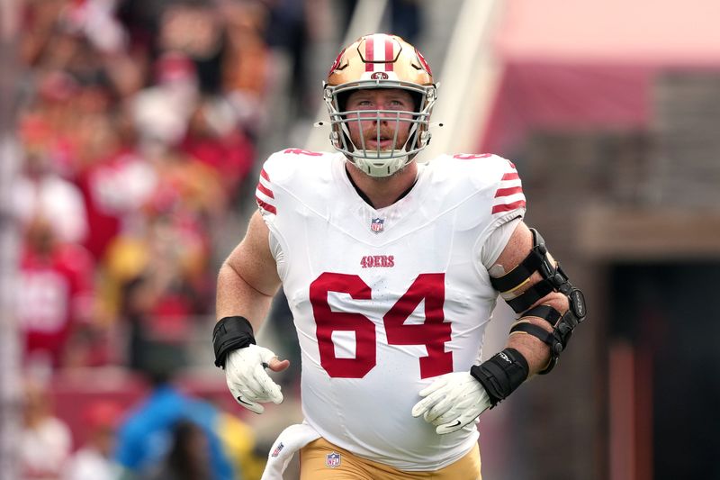 Sep 28, 2025; Santa Clara, California, USA; San Francisco 49ers center Jake Brendel (64) before the game against the Jacksonville Jaguars at Levi's Stadium. Mandatory Credit: Darren Yamashita-Imagn Images