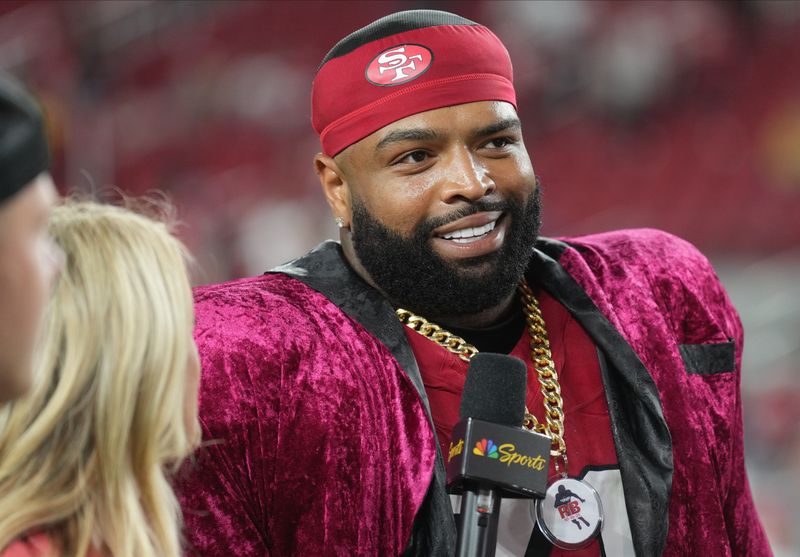 Oct 19, 2025; Santa Clara, California, USA; San Francisco 49ers offensive tackle Trent Williams (71) is interviewed after the game against the Atlanta Falcons at Levi's Stadium. Mandatory Credit: Darren Yamashita-Imagn Images