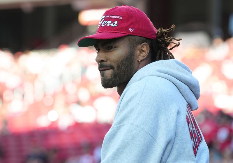 Oct 19, 2025; Santa Clara, California, USA; San Francisco 49ers middle linebacker Fred Warner (54) stands on the sideline during warmups prior to the game against the Atlanta Falcons at Levi's Stadium. Mandatory Credit: Darren Yamashita-Imagn Images