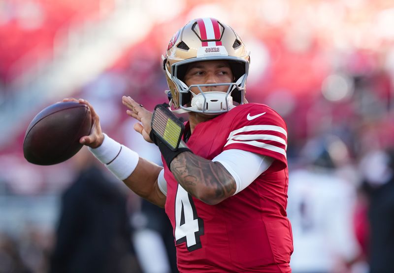 Oct 19, 2025; Santa Clara, California, USA; San Francisco 49ers quarterback Adrian Martinez (4) warms up prior to the game against the Atlanta Falcons at Levi's Stadium. Mandatory Credit: Darren Yamashita-Imagn Images