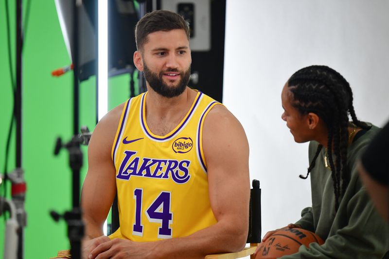 Sep 29, 2025; Los Angeles, CA, USA; Los Angeles Lakers center Maxi Kleber (14) during media day at UCLA Health Training Center. Mandatory Credit: Gary A. Vasquez-Imagn Images