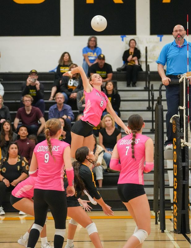 Ventura High outside hitter Hazel Richard hits during a CIF-Southern Section Division 4 match against visiting Rancho Cucamonga Oct. 21, 2025, in Ventura.