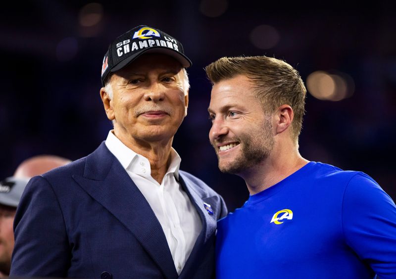 Feb 13, 2022; Inglewood, CA, USA; Los Angeles Rams owner Stan Kroenke (left) and head coach Sean McVay celebrate after defeating the Cincinnati Bengals during Super Bowl LVI at SoFi Stadium. Mandatory Credit: Mark J. Rebilas-USA TODAY Sports