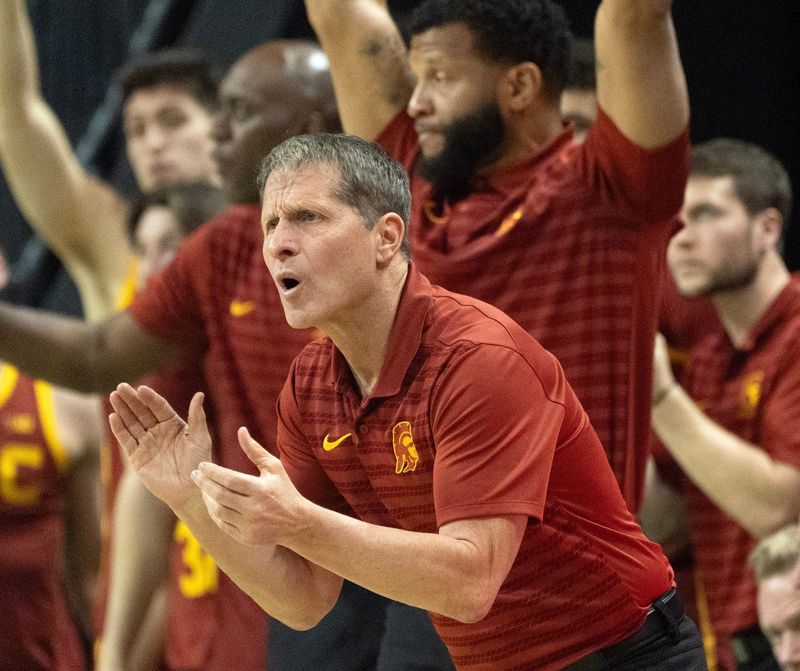 USC coach Eric Musselman cheers his team during the first half against Oregon at Matthew Knight Arena Saturday, March 1, 2025.