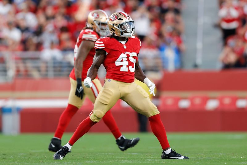 Aug 23, 2025; Santa Clara, California, USA; San Francisco 49ers linebacker Nick Martin (45) celebrates after forcing a fumble during the third quarter against the Los Angeles Chargers at Levi's Stadium. Mandatory Credit: Sergio Estrada-Imagn Images