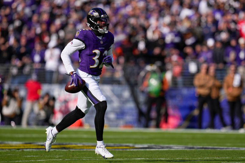 Nov 12, 2023; Baltimore, Maryland, USA; Baltimore Ravens safety Marcus Williams (32) reacts after a defensive play against the Cleveland Browns at M&T Bank Stadium. Mandatory Credit: Jessica Rapfogel-USA TODAY Sports