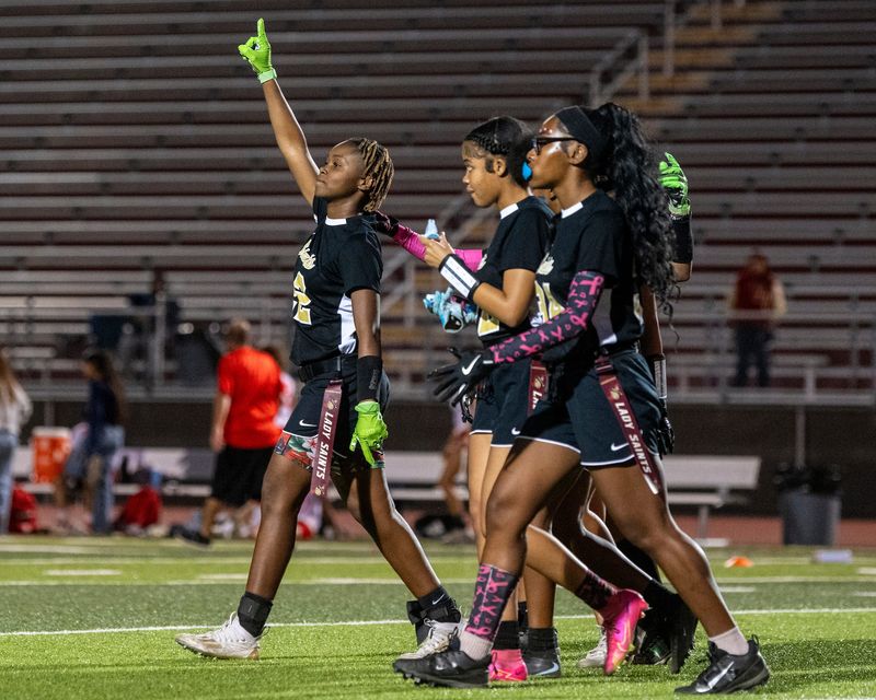 Adelanto’s Ka'lonie Mack celebrates after the Saints knocked off Loara in the CIF-Southern Section Division 6 quarterfinals on Tuesday, Oct. 28, 2025. Adelanto won 32-0 and will face Cerritos in the semifinals on Nov. 1.