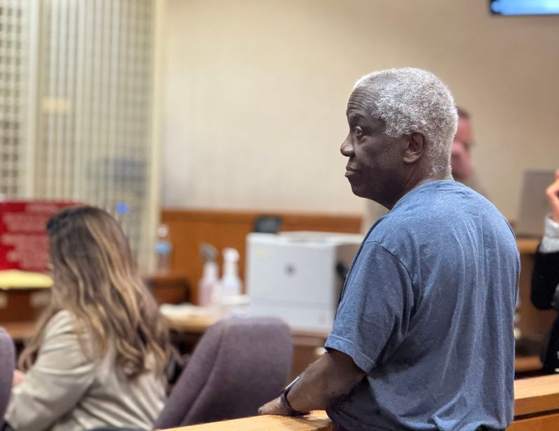Former Camarillo High wrestling coach Ronald Wilson, who was recently released on bail, appears in court Oct. 30, 2025, for an arraignment on multiple sex crime charges. His arraignment was continued to December.