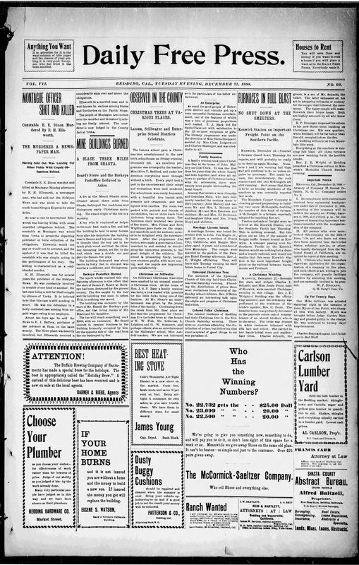 The front page of Redding's Daily Free Press from Tuesday, Dec. 27, 1898 is shown in this image.