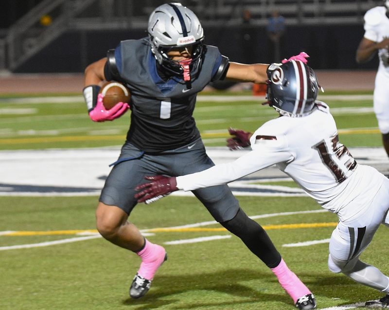 Silverado's Jayden Pauling stiff arms a player against Granite Hills on Thursday, Oct. 30, 2025. Silverado pulled off a 27-24 victory over Granite Hills.
