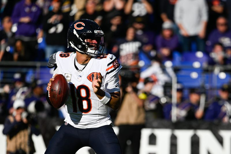 Oct 26, 2025; Baltimore, Maryland, USA; Chicago Bears quarterback Caleb Williams (18) drops back to pass during the fourth quarter against the Baltimore Ravens at M&T Bank Stadium. Mandatory Credit: Tommy Gilligan-Imagn Images