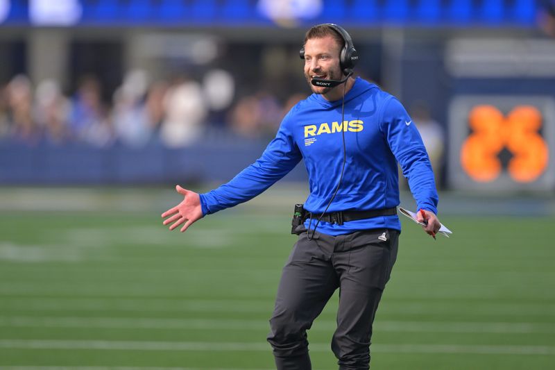 Nov 2, 2025; Inglewood, California, USA; Los Angeles head coach Sean McVay reacts after a touchdown by the Rams against the New Orleans Saints during the first half at SoFi Stadium. Mandatory Credit: Jayne Kamin-Oncea-Imagn Images