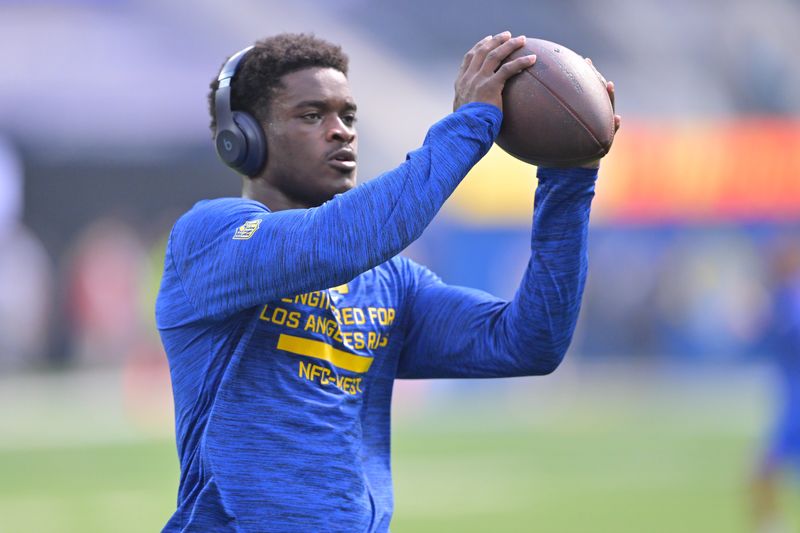 Nov 2, 2025; Inglewood, California, USA; Los Angeles Rams cornerback Roger McCreary (25) warms up during pregame of a game against the New Orleans Saints at SoFi Stadium. Mandatory Credit: Jayne Kamin-Oncea-Imagn Images