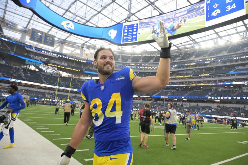 Nov 2, 2025; Inglewood, California, USA; Los Angeles Rams tight end Colby Parkinson (84) leaves the field following a game against the New Orleans Saints at SoFi Stadium. Mandatory Credit: Jayne Kamin-Oncea-Imagn Images
