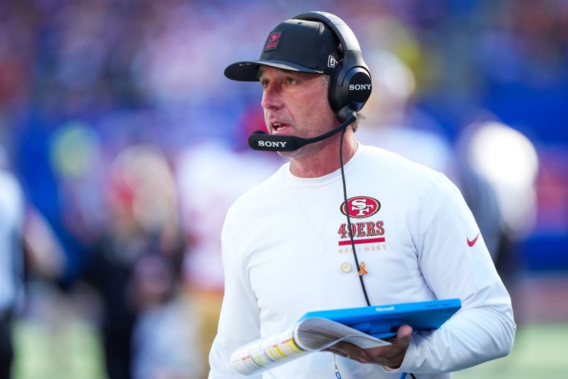 Nov 2, 2025; East Rutherford, New Jersey, USA; San Francisco 49ers head coach Kyle Shanahan on the sideline during the first half of a game against the New York Giants at MetLife Stadium. Mandatory Credit: Robert Deutsch-Imagn Images
