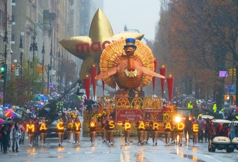 The turkey leads the parade during the Macy's Thanksgiving Day parade as it marches down Central Park West.