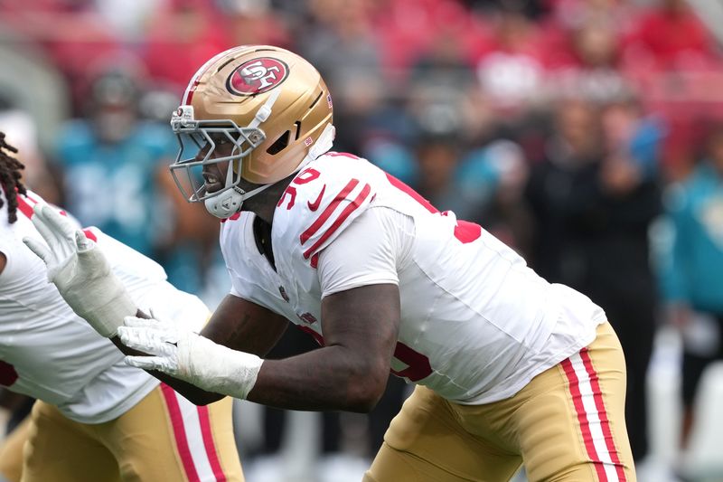Sep 28, 2025; Santa Clara, California, USA; San Francisco 49ers defensive end Mykel Williams (98) during the second quarter against the Jacksonville Jaguars at Levi's Stadium. Mandatory Credit: Darren Yamashita-Imagn Images