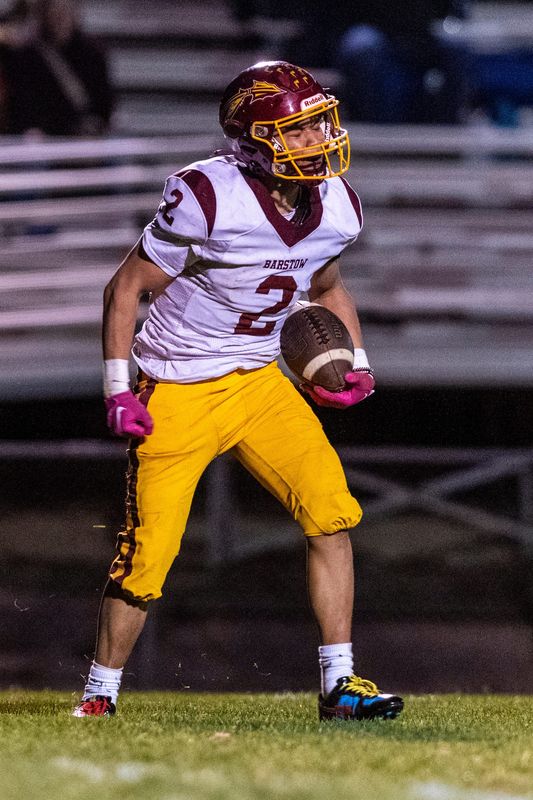 Barstow’s Nicholas Gaoa celebrates after pulling in a long pass reception during the first round of the CIF-Southern Section Division 7 playoffs on Friday, Nov. 07, 2025. Barstow won 27-12 and will face West Covina in the second round.
