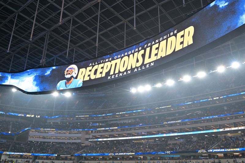 Nov 9, 2025; Inglewood, California, USA; The video board announces Los Angeles Chargers wide receiver Keenan Allen (not pictured) becoming the franchises leader in receptions during the fourth quarter of the game between the Los Angeles Chargers and the Pittsburgh Steelers at SoFi Stadium. Mandatory Credit: Jayne Kamin-Oncea-Imagn Images