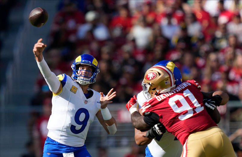 Nov 9, 2025; Santa Clara, California, USA; Los Angeles Rams quarterback Matthew Stafford (9) throws a pass during the first quarter against the San Francisco 49ers at Levi's Stadium. Mandatory Credit: Kyle Terada-Imagn Images