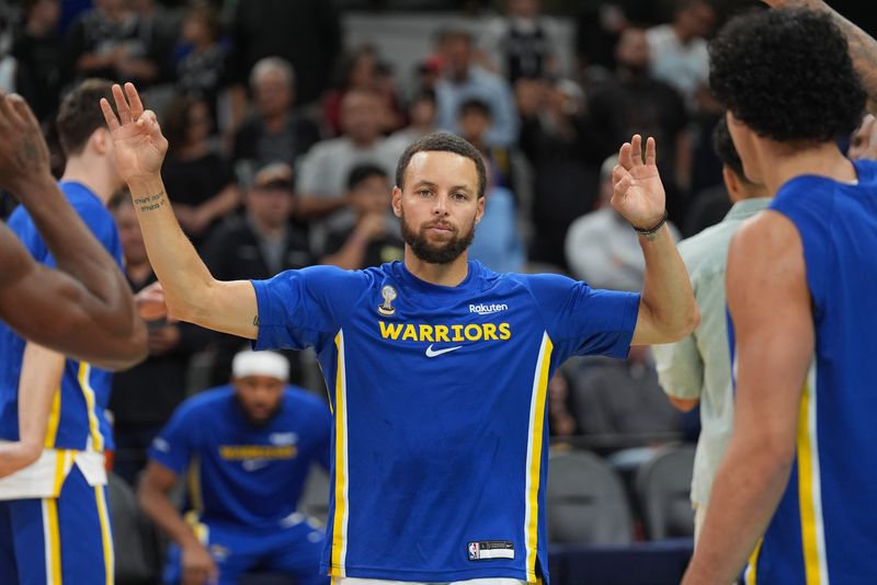 Nov 12, 2025; San Antonio, Texas, USA; Golden State Warriors guard Stephen Curry (30) is introduced before the game against the San Antonio Spurs at Frost Bank Center. Mandatory Credit: Daniel Dunn-Imagn Images