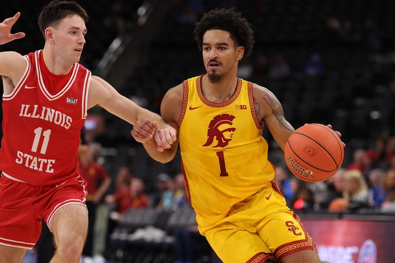 Nov 14, 2025; Inglewood, California, USA; Southern California Trojans guard Rodney Rice (1) dribbles the ball against Illinois State Redbirds guard Johnny Kinziger (11) during the first half of the Hall of Fame Series game at Intuit Dome. Mandatory Credit: Kiyoshi Mio-Imagn Images