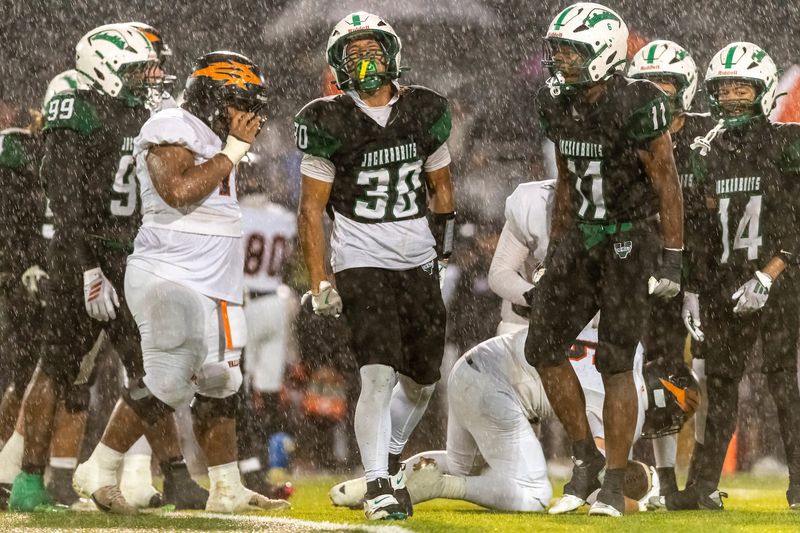 Victor Valley’s Michael King celebrates a tackle for loss during the CIF-Southern Section Division 7 quarterfinals on Friday, Nov. 14, 2015. Apple Valley beat Victor Valley 28-20 and will host Saugus in the semifinals.