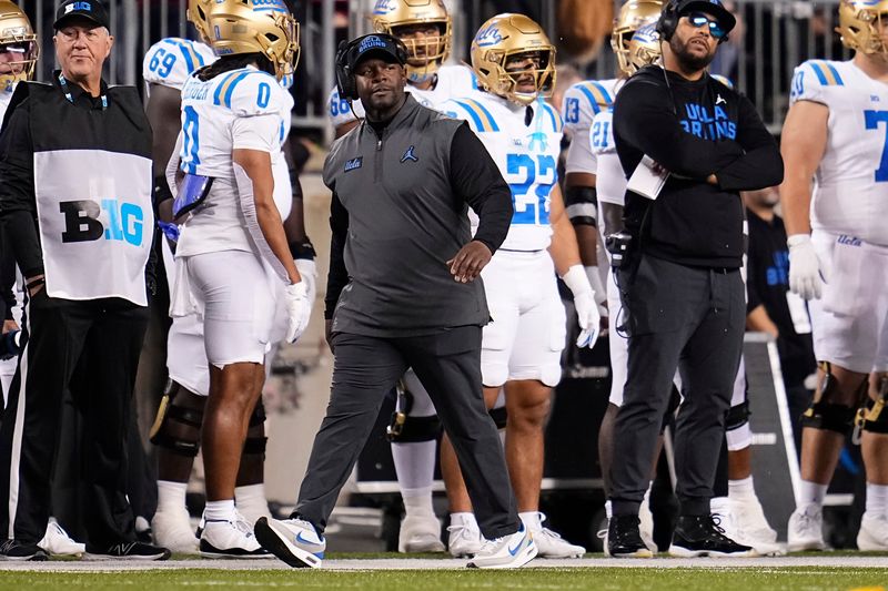 UCLA Bruins head coach Tim Skipper watches during the NCAA football game against the Ohio State Buckeyes at Ohio Stadium in Columbus on Nov. 15, 2025.