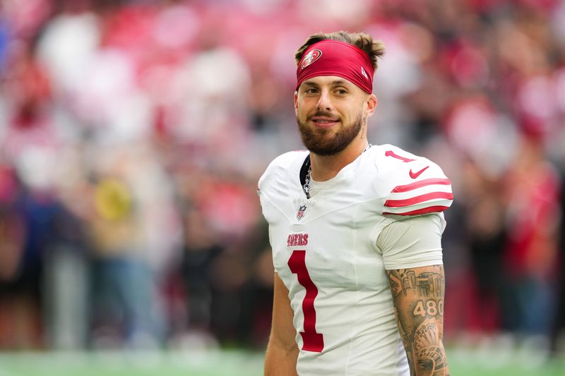 Nov 16, 2025; Glendale, Arizona, USA; San Francisco 49ers wide receiver Ricky Pearsall (1) looks on before the game against the Arizona Cardinals at State Farm Stadium. Mandatory Credit: Joe Camporeale-Imagn Images