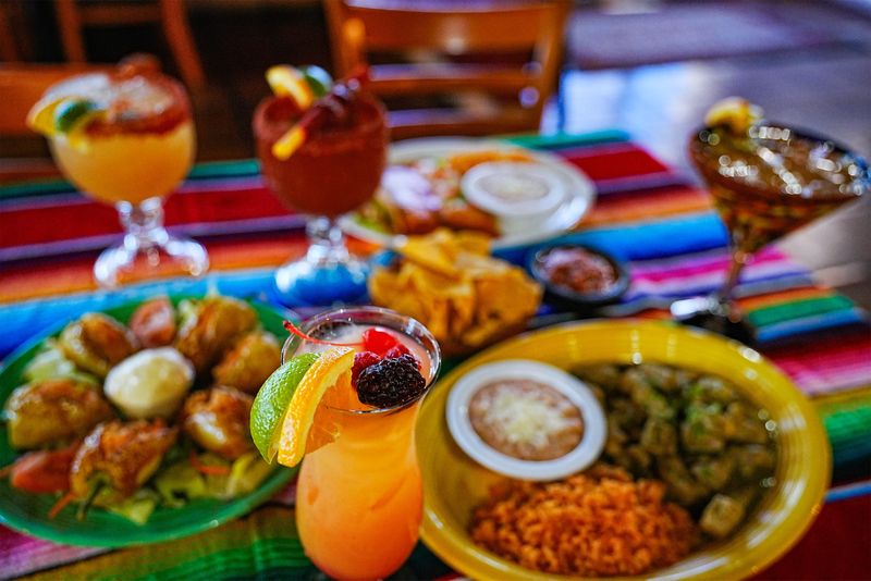 A variety of colorful plates and drinks at El Mexicali Café II in Indio, Calif., Oct. 30, 2025.