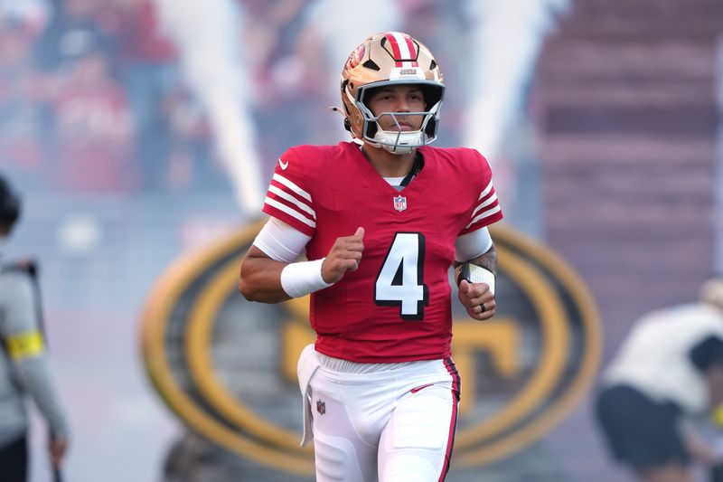 Oct 19, 2025; Santa Clara, California, USA; San Francisco 49ers quarterback Adrian Martinez (4) before the game against the Atlanta Falcons at Levi's Stadium. Mandatory Credit: Darren Yamashita-Imagn Images