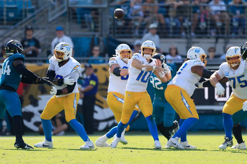 Los Angeles Chargers quarterback Justin Herbert (10) passes the ball during the second quarter of an NFL football game at EverBank Stadium, Sunday, Nov. 16, 2025 in Jacksonville, Fla. [Corey Perrine/Florida Times-Union]