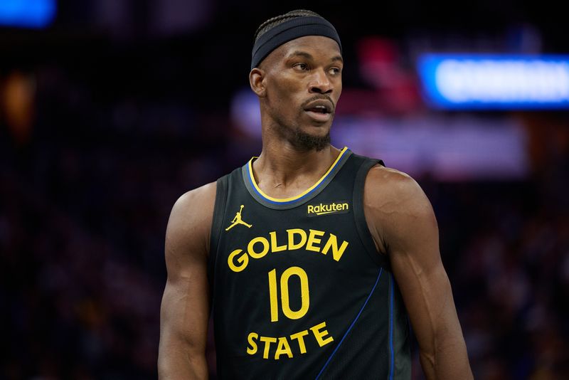 Nov 21, 2025; San Francisco, California, USA; Golden State Warriors forward Jimmy Butler III (10) looks on against the Portland Trail Blazers during the fourth quarter at Chase Center. Mandatory Credit: Robert Edwards-Imagn Images
