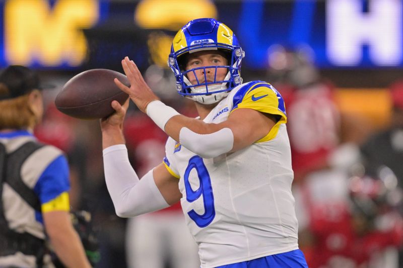 Nov 23, 2025; Inglewood, California, USA; Los Angeles Rams quarterback Matthew Stafford (9) throws a pass during warmups before the game against the Tampa Bay Buccaneers at SoFi Stadium. Mandatory Credit: Jayne Kamin-Oncea-Imagn Images