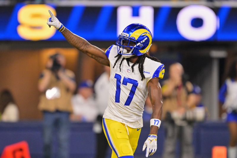 Nov 23, 2025; Inglewood, California, USA; Los Angeles Rams wide receiver Davante Adams (17) acknowledges the crowd after scoring a touchdown against the Tampa Bay Buccaneers during the second quarter Mandatory Credit: Jayne Kamin-Oncea-Imagn Images