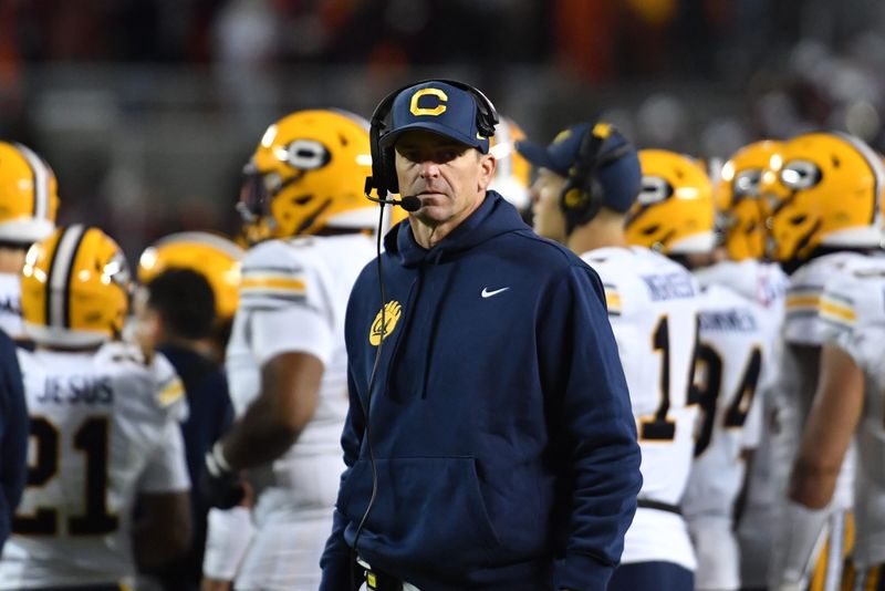Oct. 24, 2025; Blacksburg, Virginia; California Golden Bears head coach Justin Wilcox against the Virginia Tech Hokies during the second quarter at Lane Stadium.