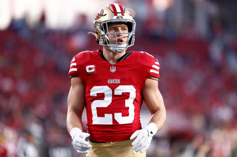 Nov 24, 2025; Santa Clara, California, USA; San Francisco 49ers running back Christian McCaffrey (23) practices before the game against the Carolina Panthers at Levi's Stadium. Mandatory Credit: Kelley L Cox-Imagn Images