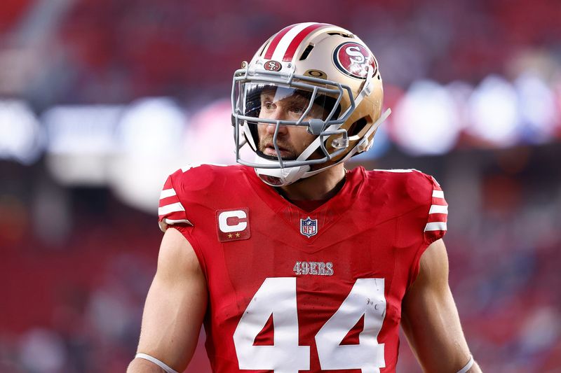 Nov 24, 2025; Santa Clara, California, USA; San Francisco 49ers fullback Kyle Juszczyk (44) practices before the game against the Carolina Panthers at Levi's Stadium. Mandatory Credit: Kelley L Cox-Imagn Images