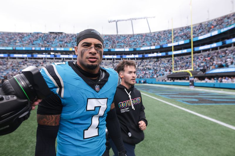 Oct 12, 2025; Charlotte, North Carolina, USA; Carolina Panthers safety Tre'von Moehrig (7) looks on after the game against the Dallas Cowboys at Bank of America Stadium. Mandatory Credit: Scott Kinser-Imagn Images